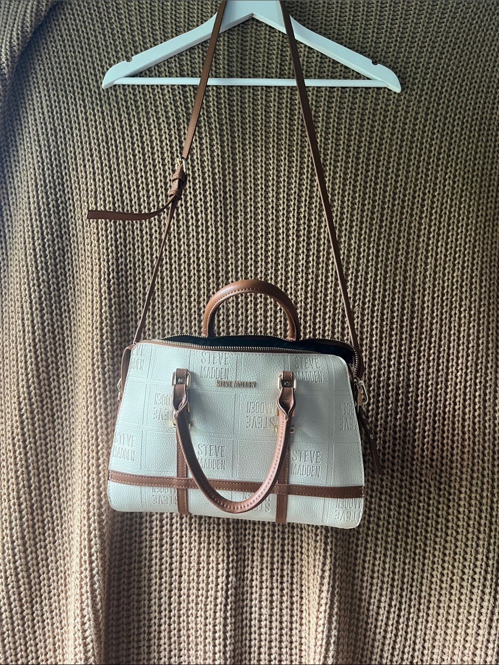 Steve Madden Cream and Brown Trim Satchel with Detachable Strap